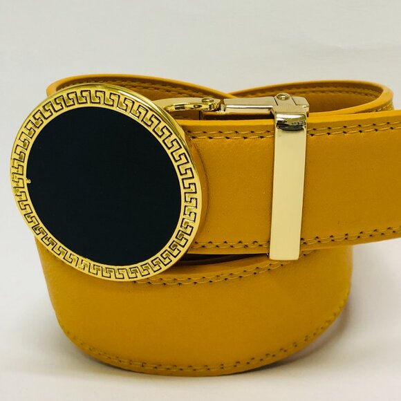 Mustard Yellow Belt Women Men Gold Automatic Buckle Slide Belt Leather Jeans New - Picture 2 of 3